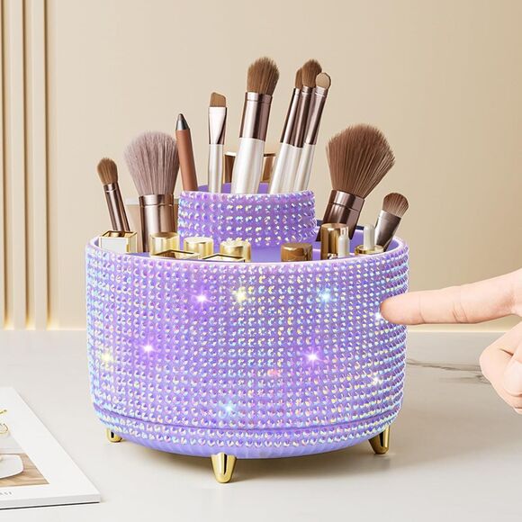 Diesisa 5Slot Makeup Brush Diamond Purple Cup 360° Rotating Makeup Brush Holder - Picture 1 of 5
